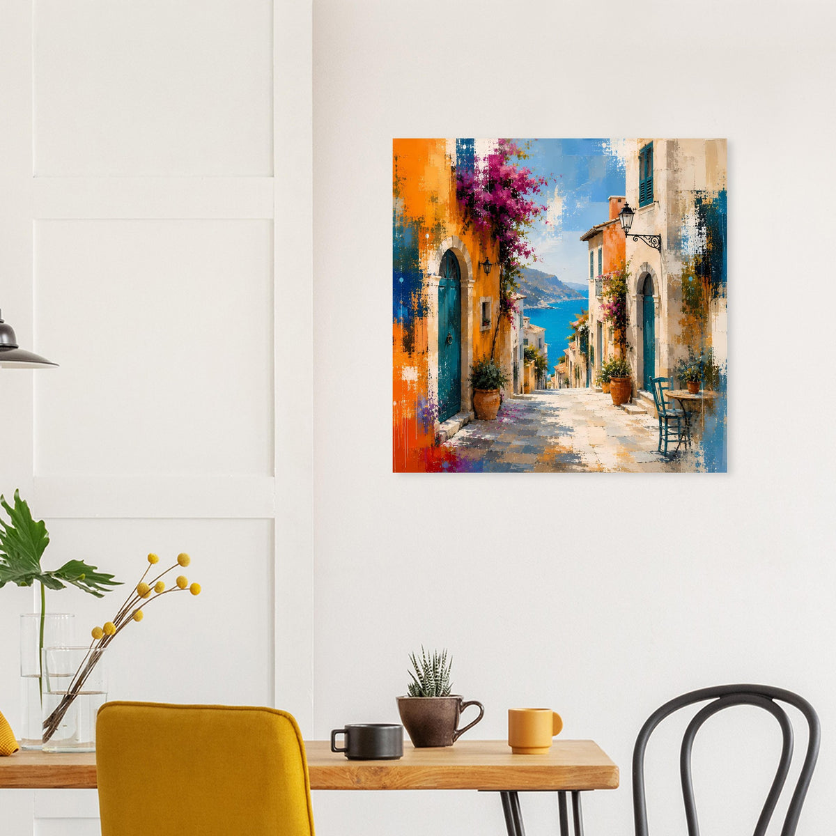 Mediterranes Straßen-Poster mit Weg in der Gasse, Arkaden, Bank und Pflanzen in Blau/Orange