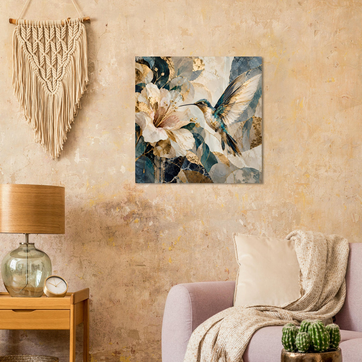 Quadratisches Kunstposter: Kolibri zwischen Blumen, blau-beige Farbmuster
