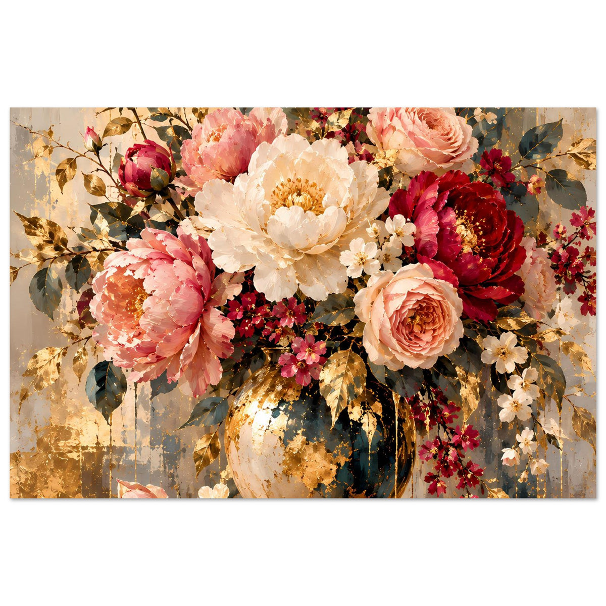 Blumenposter im Querformat mit buntem Blumenbouquet in Vase, rote und rosa Rosen