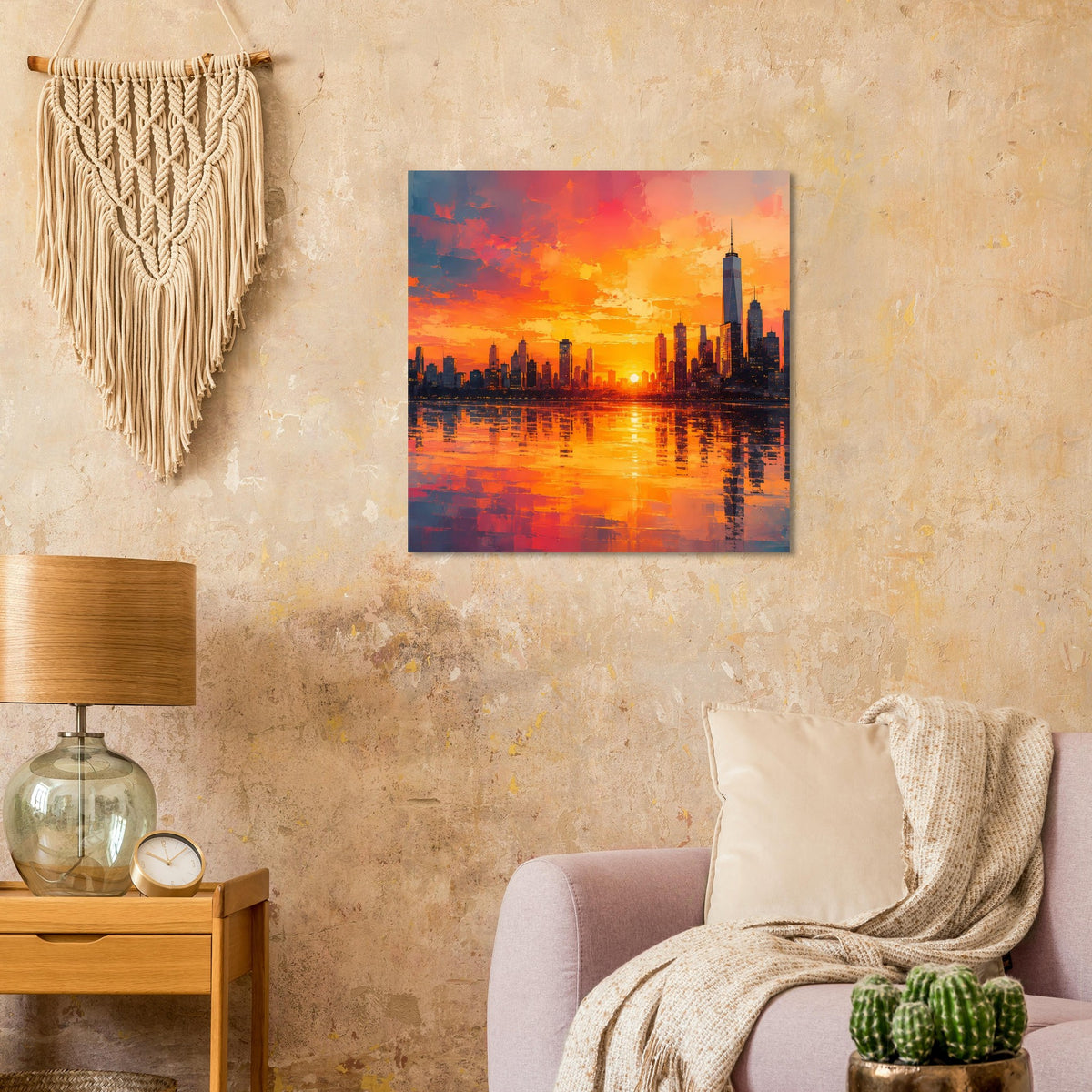 Poster mit Großstadt-Skyline bei Sonnenuntergang, Sonnenreflexe im Wasser