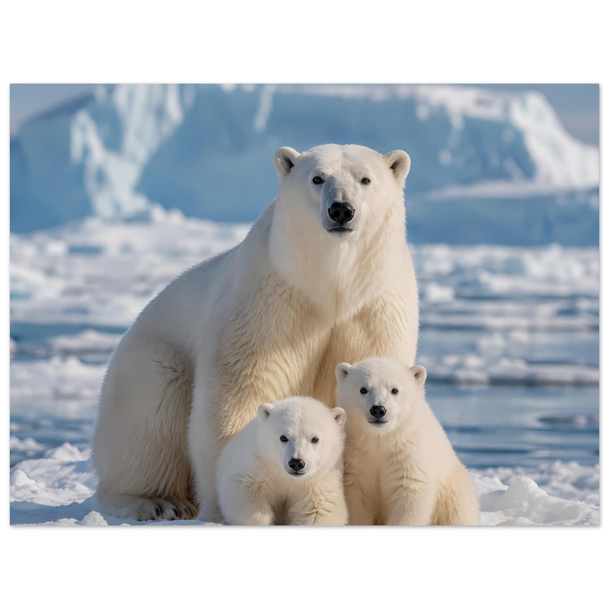 Kunstdruck der Eisbärenfamilie: großer Bär hinter zwei Jungen im Winterbild