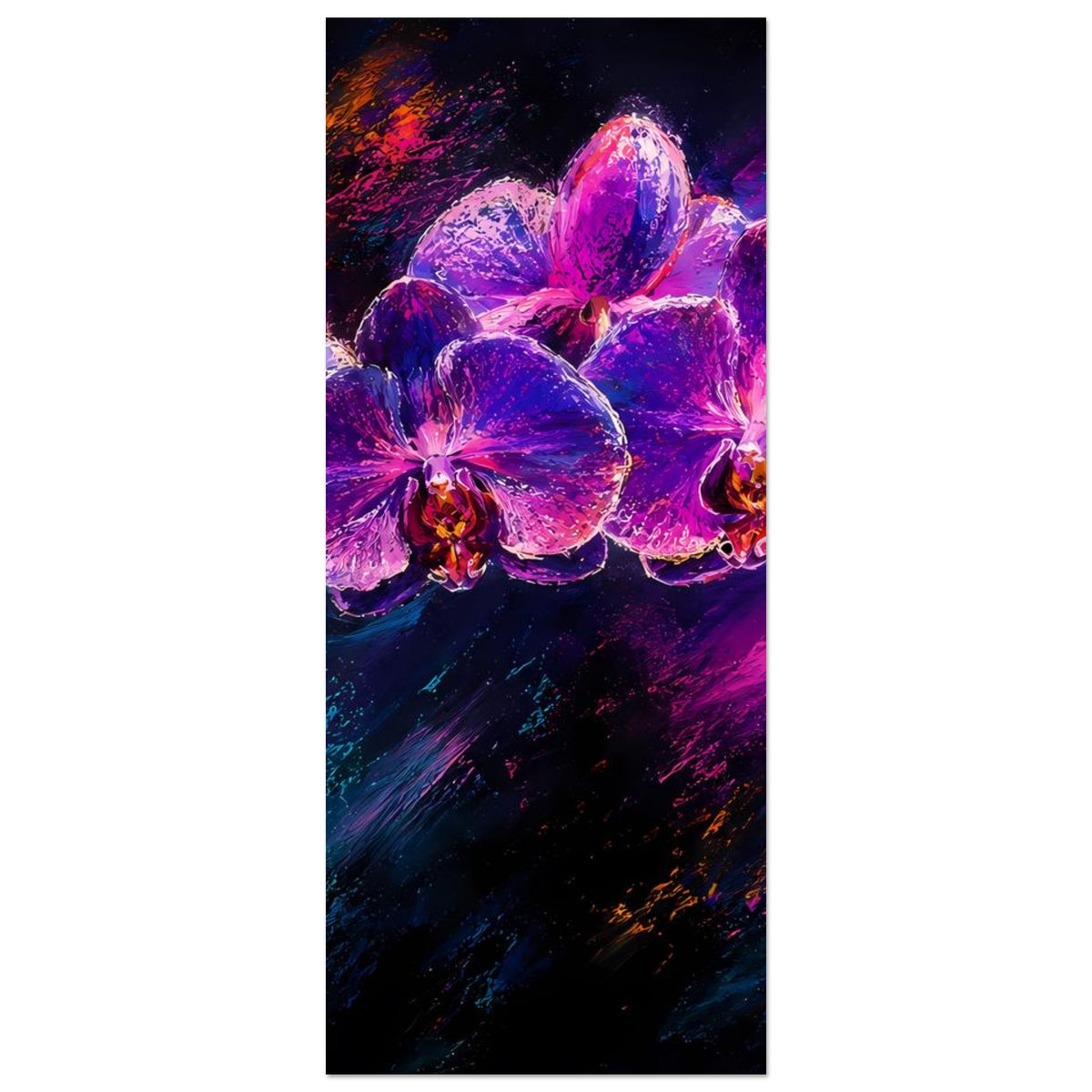 Vertikales Blumenposter mit violettrosa Orchideenblüten auf farbigem Hintergrund