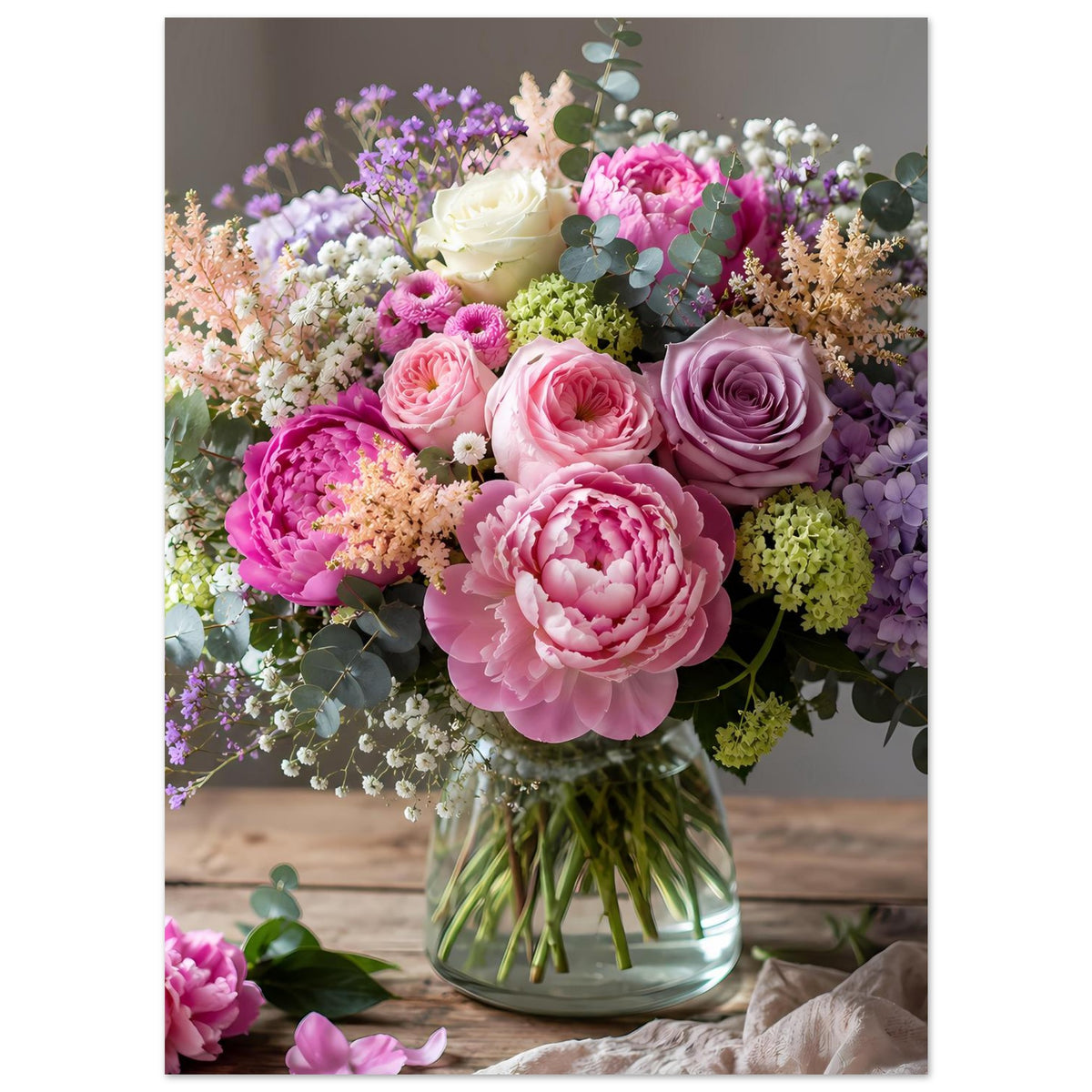 Poster mit Blumenarrangement im Glas: rosa, violette und gelbgrüne Akzente, pastellig
