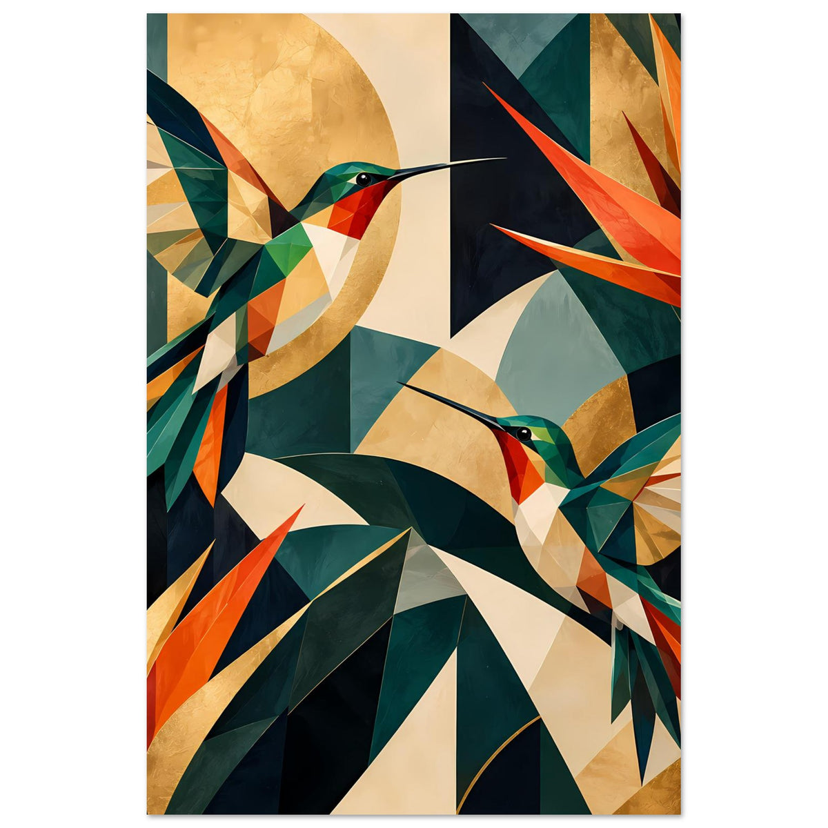 Vertikales Kunstposter mit geometrischem Kolibri-Motiv und abstrakten Blättern, bunt