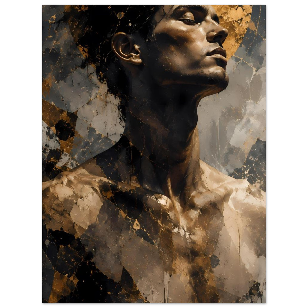 Hochformatiges Kunstposter mit abstraktem Männerkopf im Profil, Gold-, Grau- und Schwarztöne