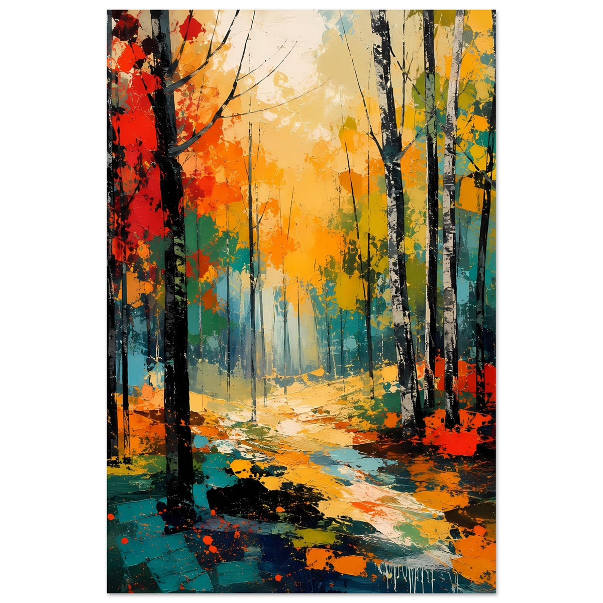 Herbstwald-Poster mit Waldweg im Farbverlauf, kräftigen Spritzern und schwarz gezeichneten Bäumen