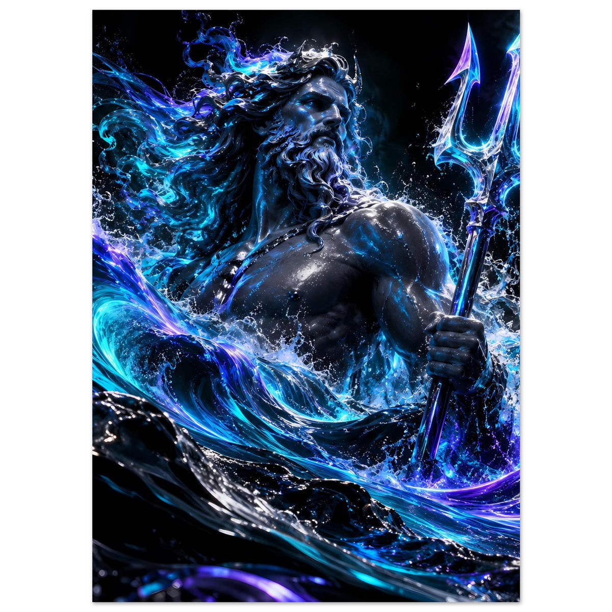 Hochkant-Poster mit Poseidon und Dreizack, türkis-blaue Flammen und Wasserwirbel