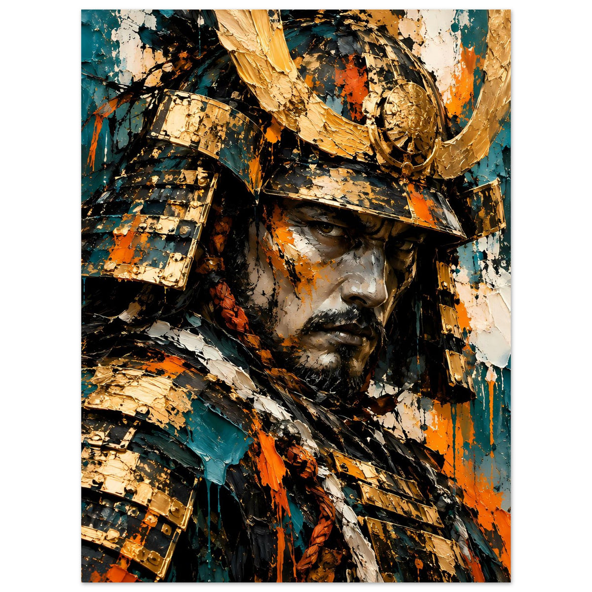 Vertikales Poster: Samurai-Gesicht mit goldenem Helm, schwarzem Bart und bunten Farbspritzern.