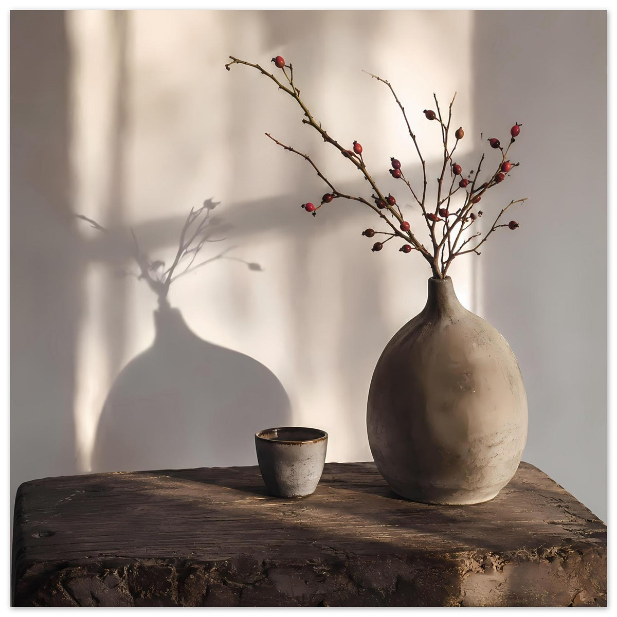 Poster im Hochformat: Vase mit roten Beerenzweigen und kleinem Becher auf Holz