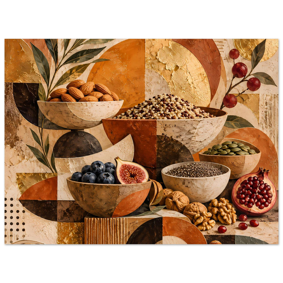 Poster mit Landschafts-Motiv: Schalen mit Nüssen, Beeren und Kräutern in warmen Erdtönen