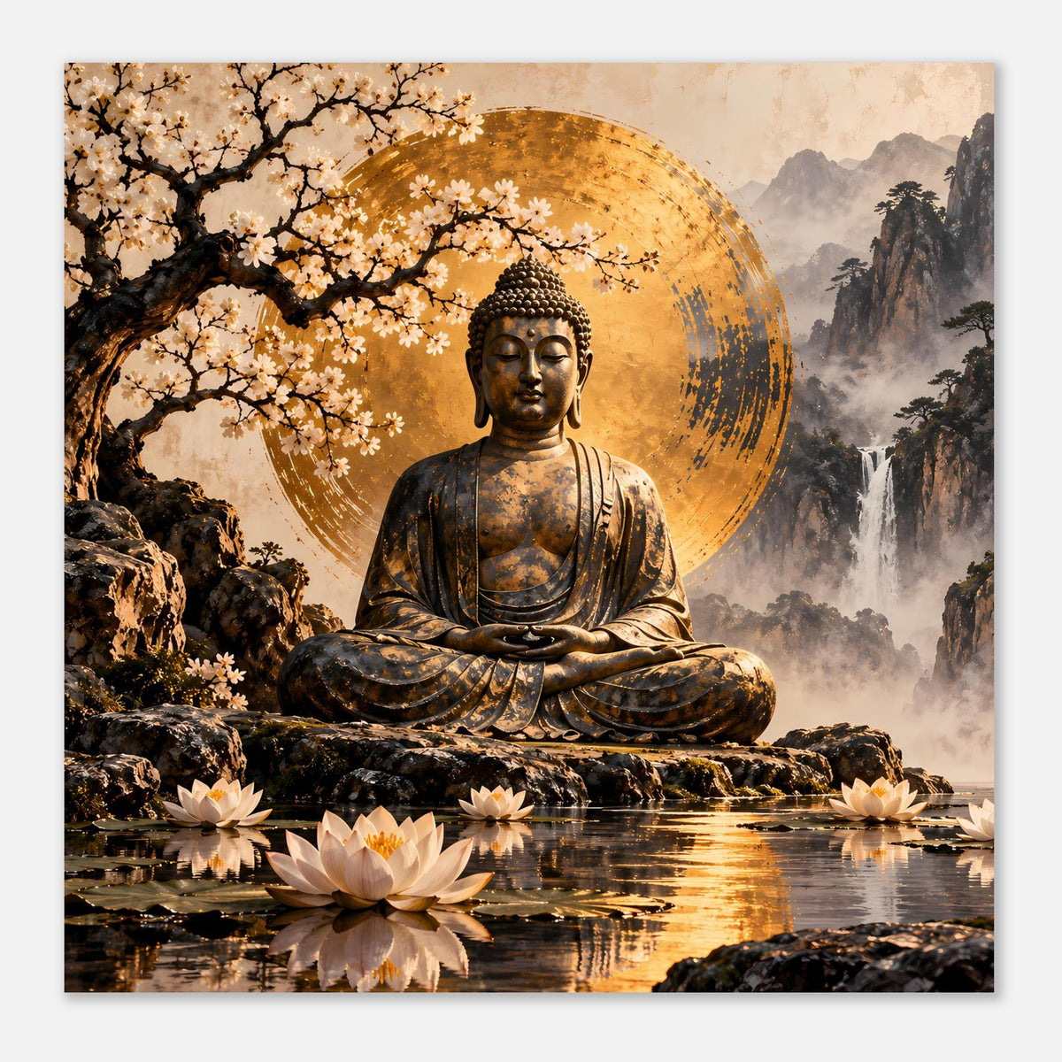 Poster in Querformat: sitzender Buddha mit goldener Aura, Lotusblumen auf spiegelndem Wasser