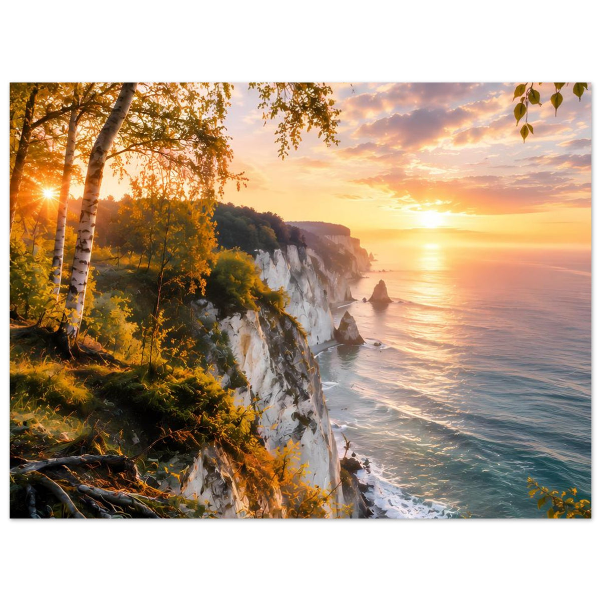 Horizontales Wandposter mit Steilküste, Wellenlinie am Meer und goldener Abendsonne