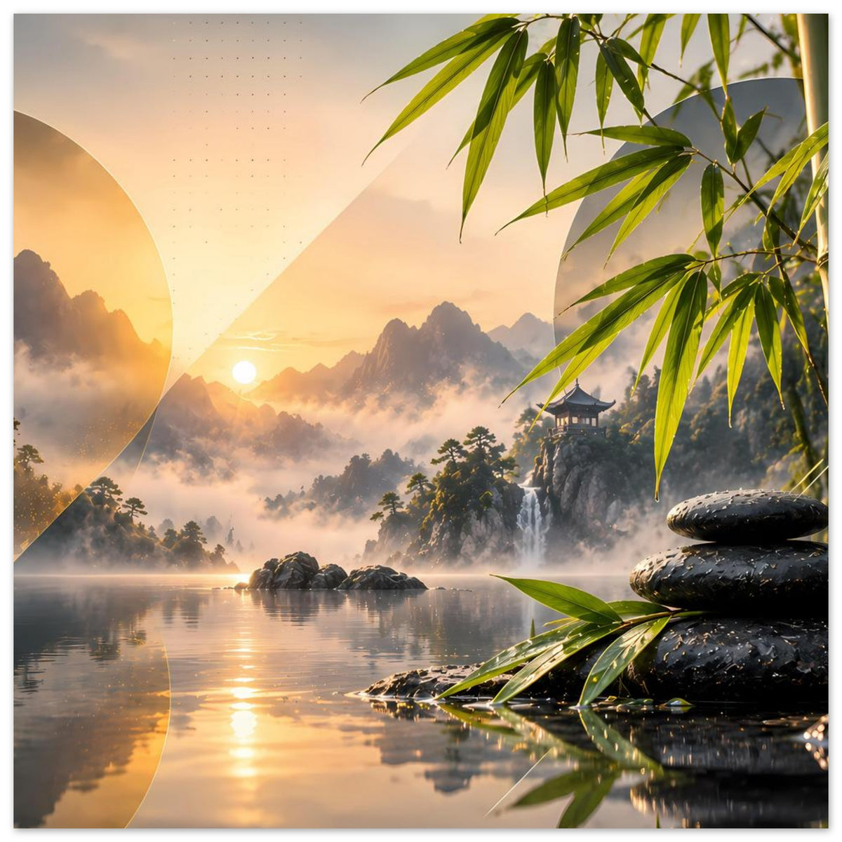 Zen-Bergsee-Poster mit Bambuszweigen rechts, gestapelten Steinen am Ufer und Sonnenlicht auf dem See