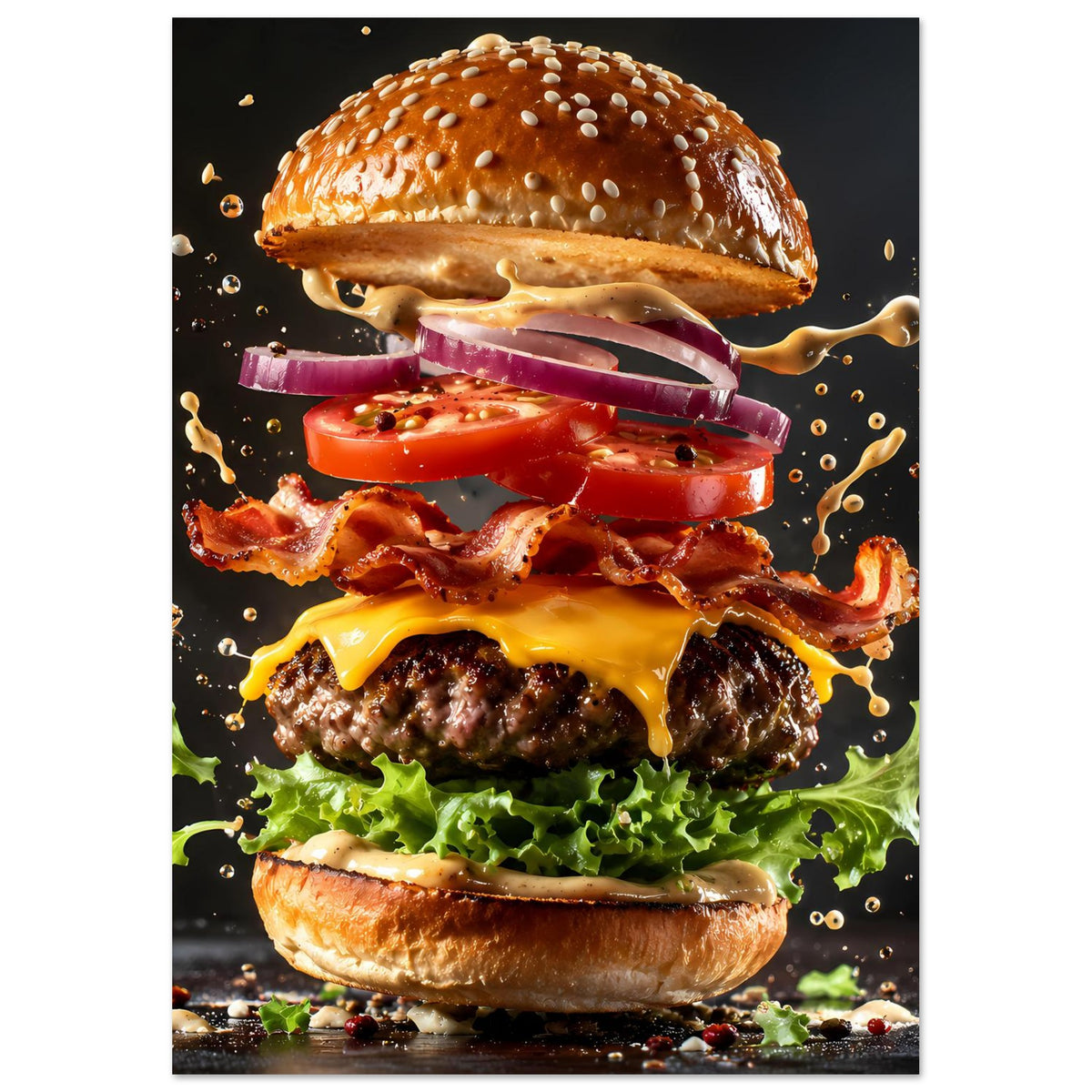 Vertikales Poster mit überlaufendem Burger: Käse, Bacon, Tomate, Zwiebelringe, Salat