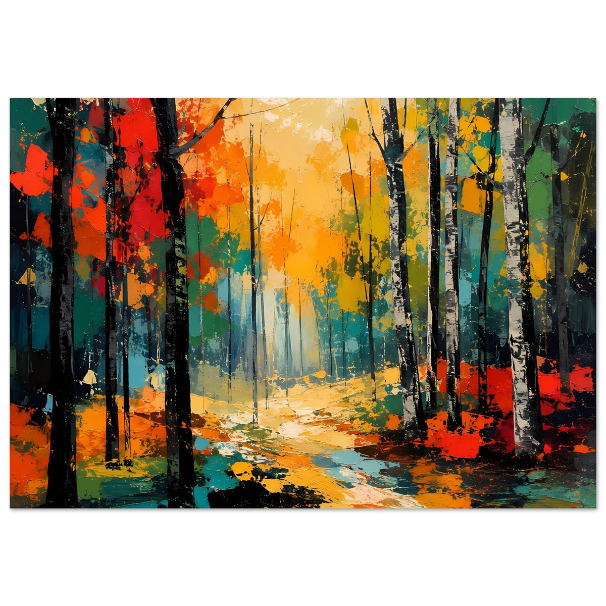 Herbstwald-Poster mit bunten Baumstämmen, bewachsenem Licht und Weg im Vordergrund