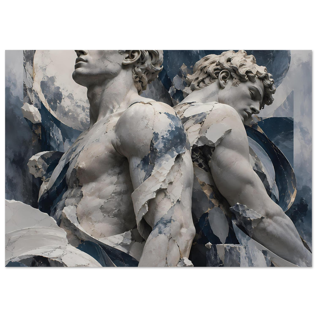 Querformat-Poster: Engelstatuen mit Flügeln, marmorierter Look in Weiß, Grau und Blau