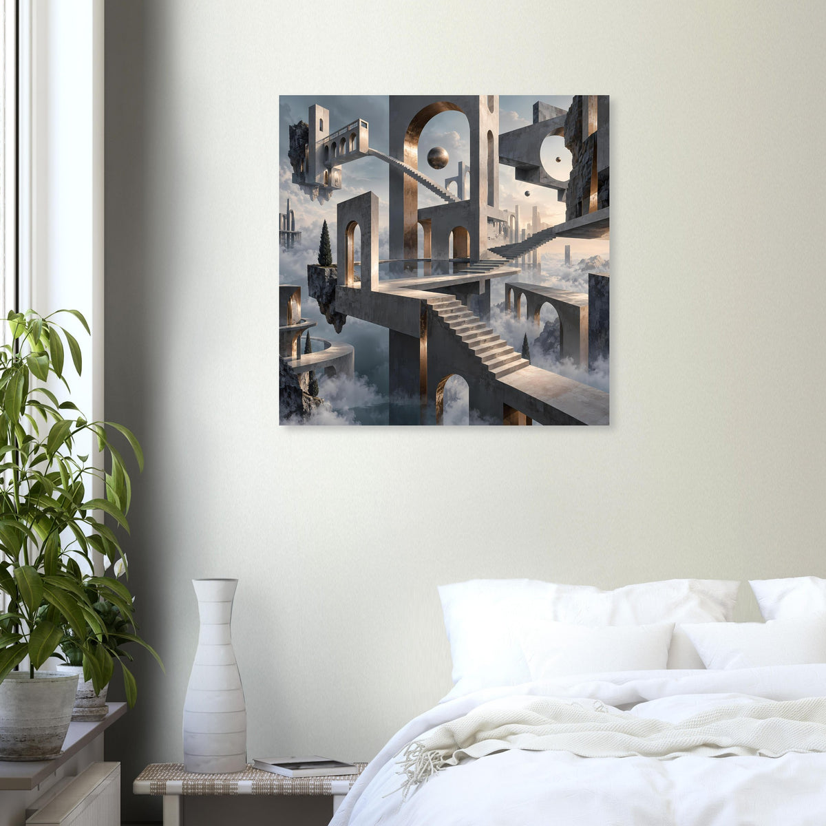 Architekturposter mit Treppenanlage und Rundbögen, graublau mit goldenen Details