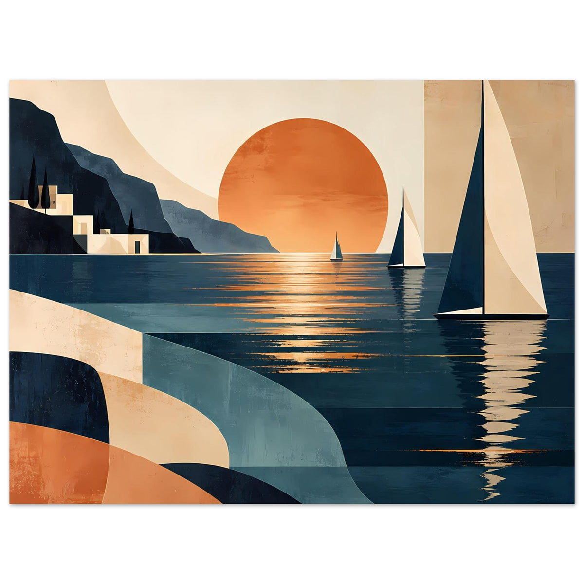 Poster mit Segelbooten im Vordergrund, orangefarbener Sonne und Wasserreflexionen in warmen Tönen