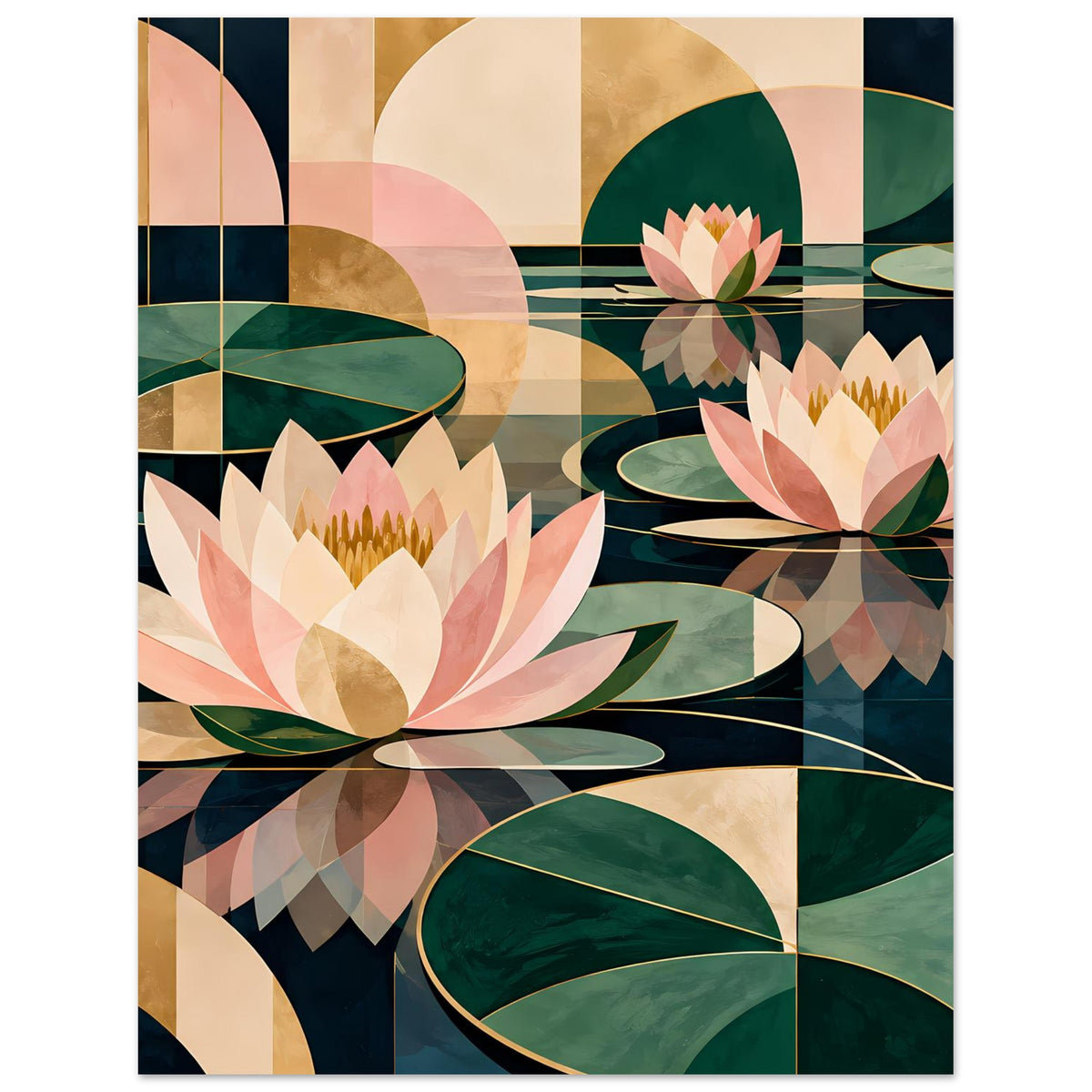Abstraktes Lotus-Grafikposter mit Rosablüten, grünen Blättern und geometrischen Flächen