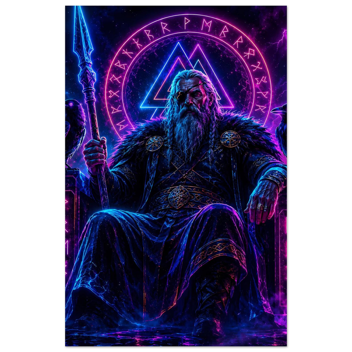 Nordisches Fantasy-Poster im Hochformat: Wikingerkönig mit Runenkreis, Schwert und Blitz.