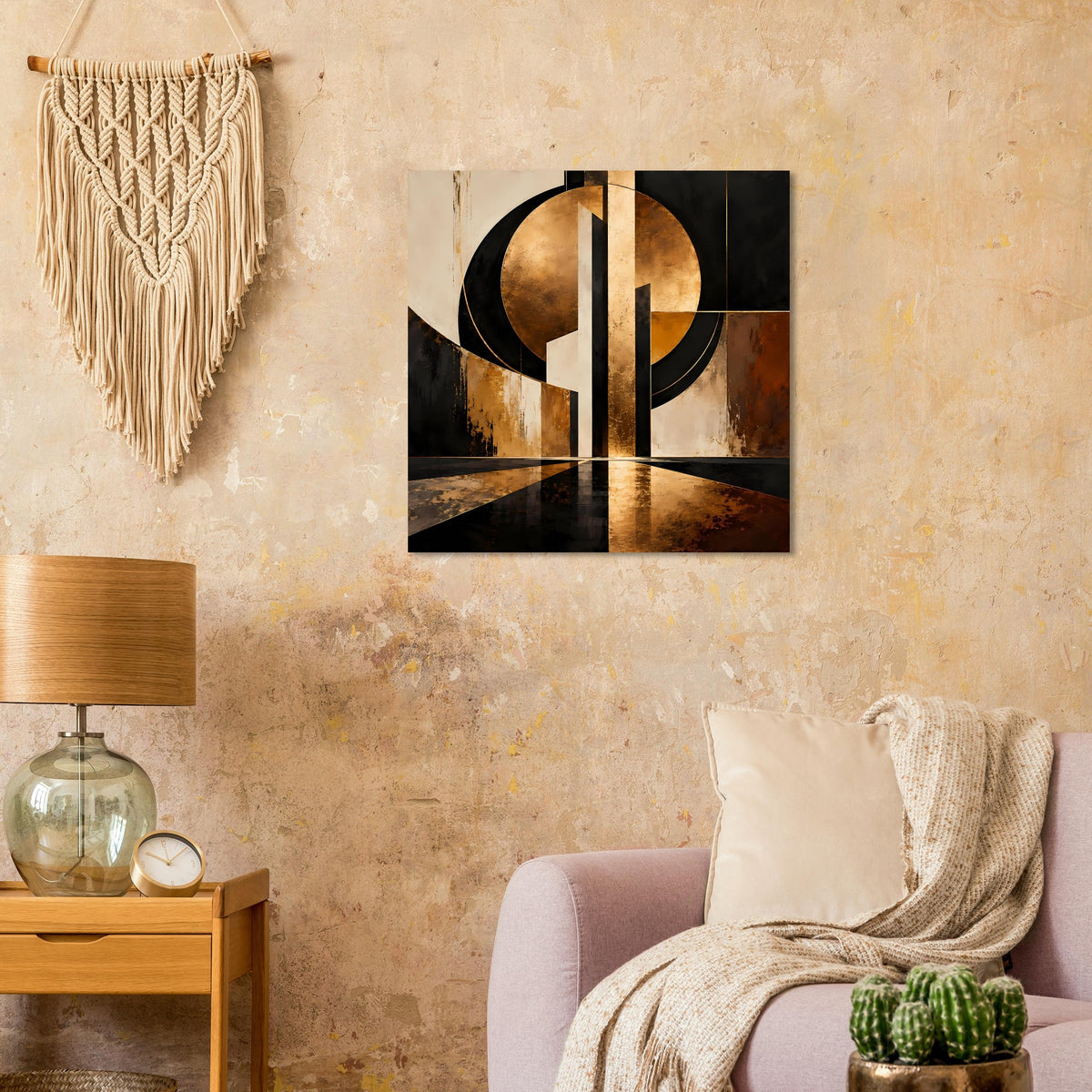 Abstraktes Gold-Schwarz-Poster mit Kreisringen und senkrechtem Balken