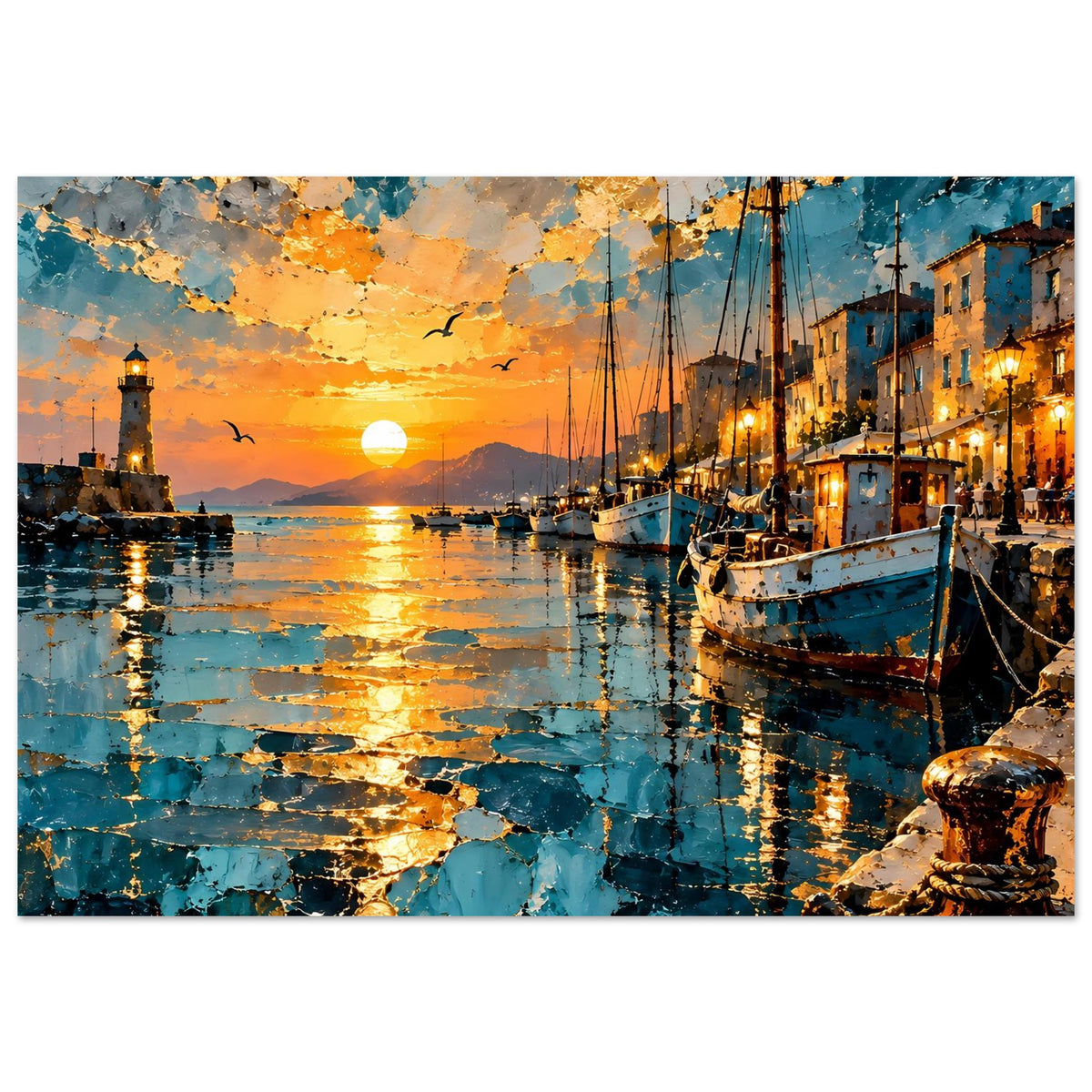 Horizontales Poster: Hafenlandschaft mit Booten, Leuchtturm, dramatischer Abendhimmel-Farbigkeit