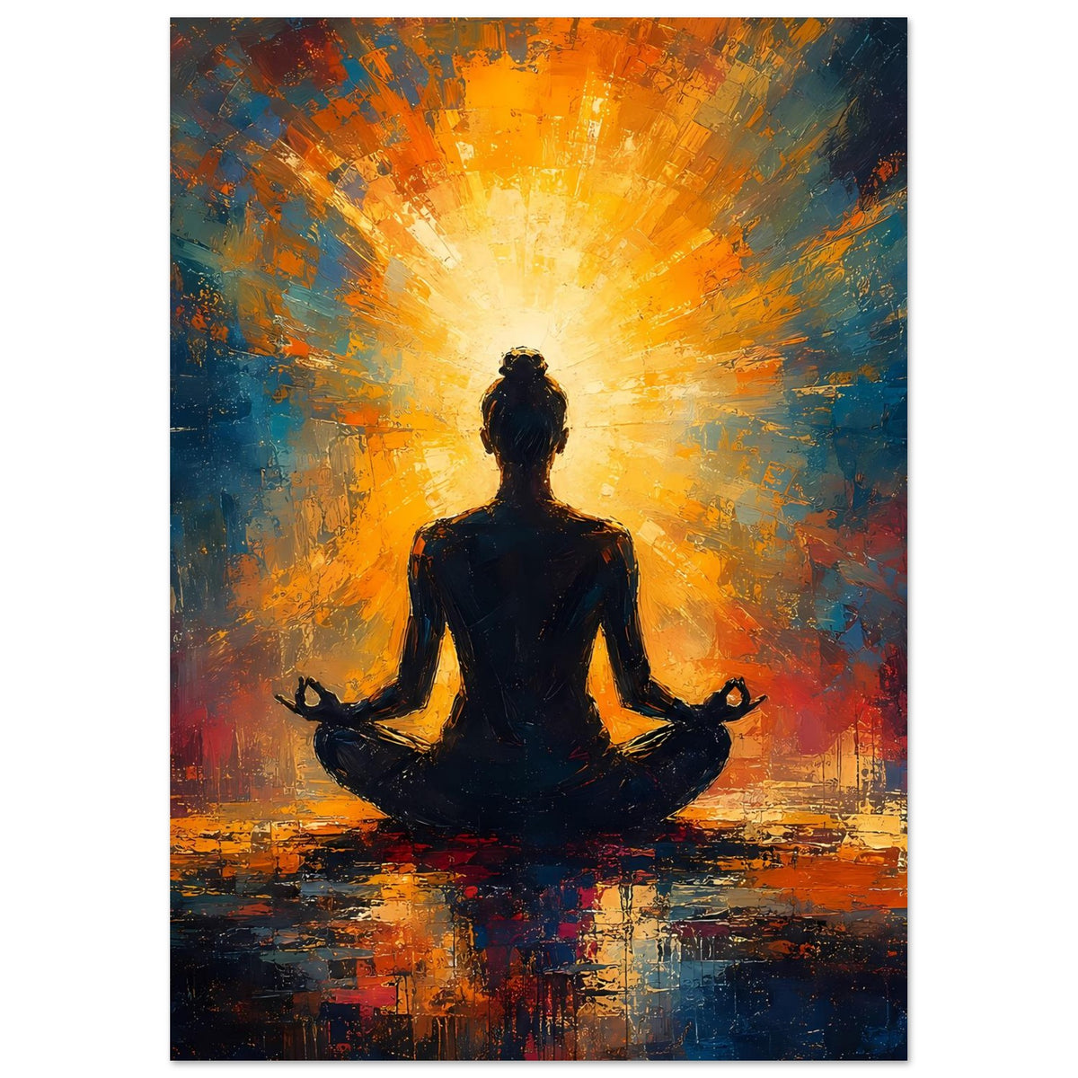 Hochkant-Poster mit Meditationsfigur in dunkler Silhouette, umgeben von leuchtendem Strahlenkranz