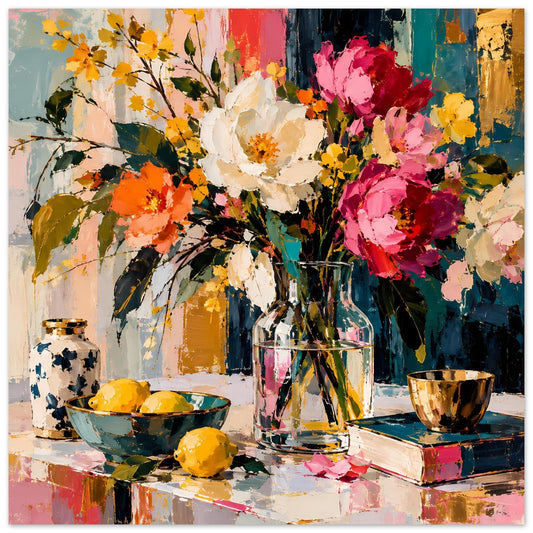 Blumenstillleben-Poster mit bunten Blüten, Vase und Schalen auf farbenfroher Malerei.