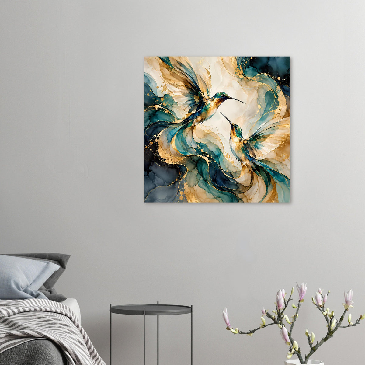 Vogelposter im Quadratformat mit Kolibris in Blau und Gold