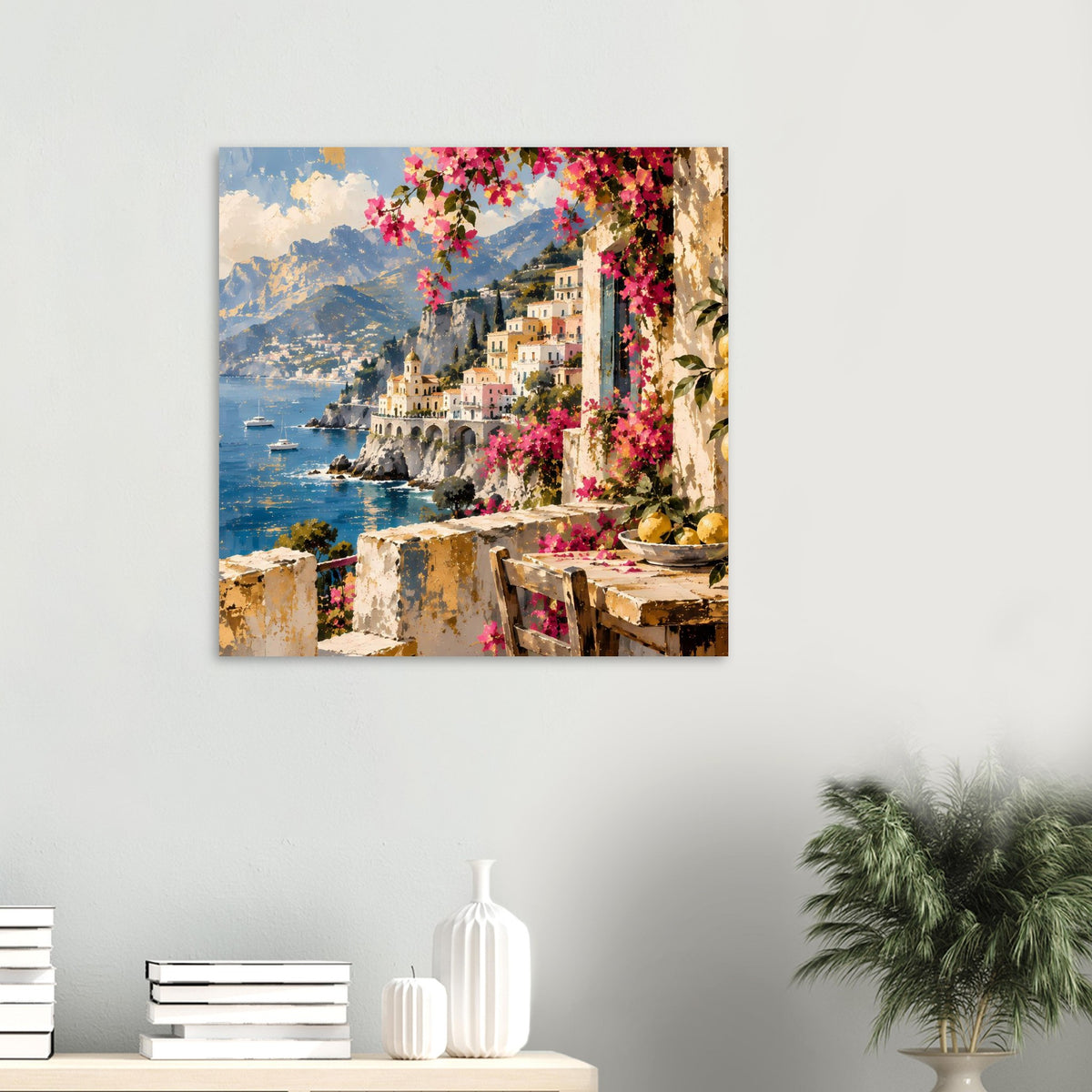 Wandposter mit Küstenort, Meer, Bergen und bunten Blüten im Rahmen