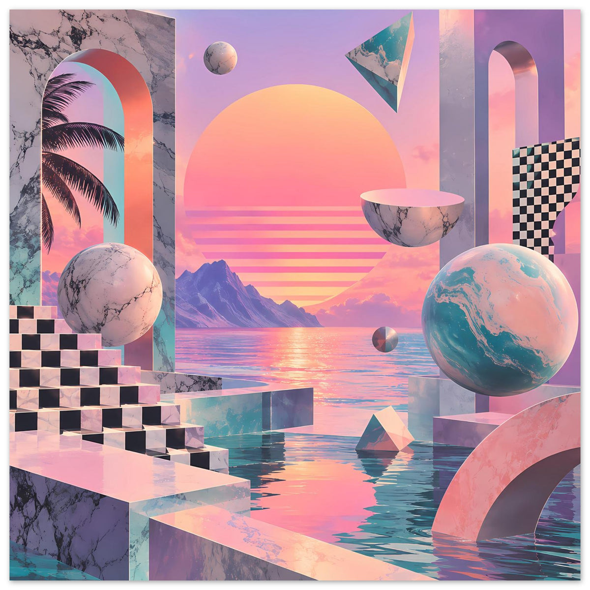 Surrealer Sunset Poster mit Palme links, Sonnenkreis, schwebendem Planetoid und Würfeln