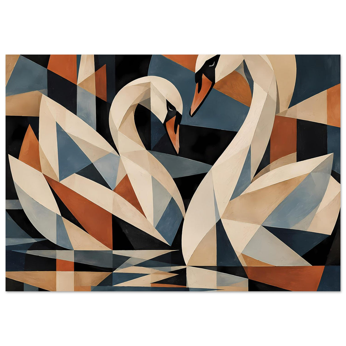 Kubistisches Schwanen-Poster im Querformat: abstrakter Schwan mit Blautönen und Orangeflächen
