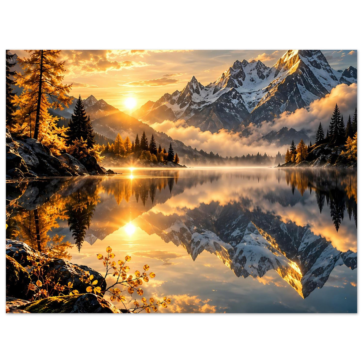 Querformat-Poster mit Alpenpanorama, warmem Sonnenaufgang und See-Reflexion