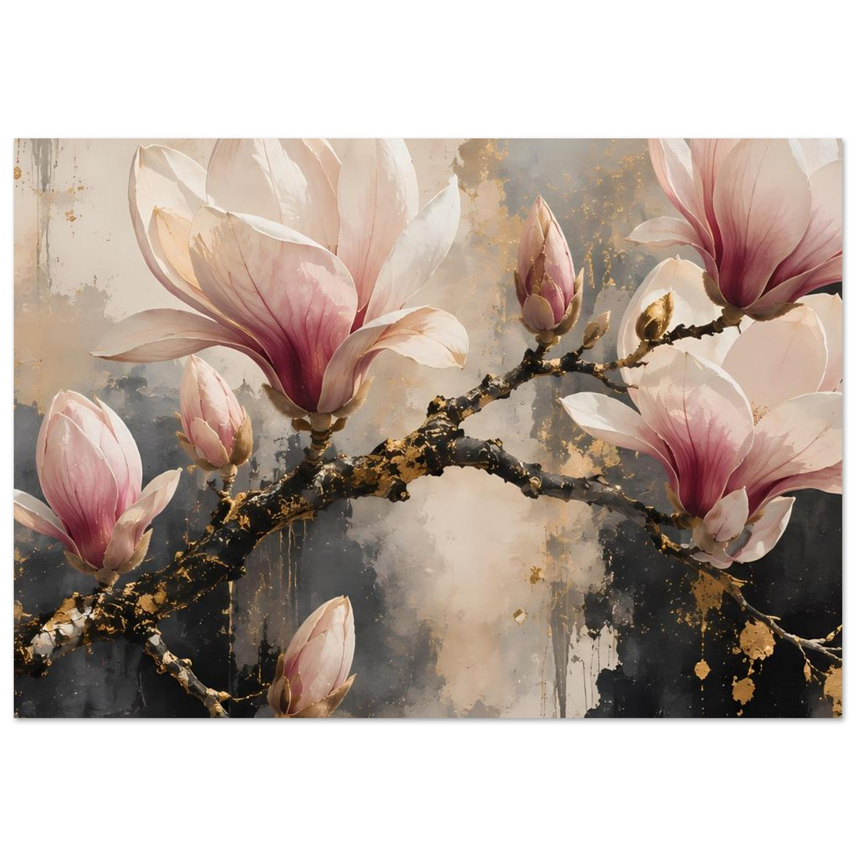 Poster mit Magnolienblüten, rosafarbenen Blättern und goldfarbenem Zweig im Fokus