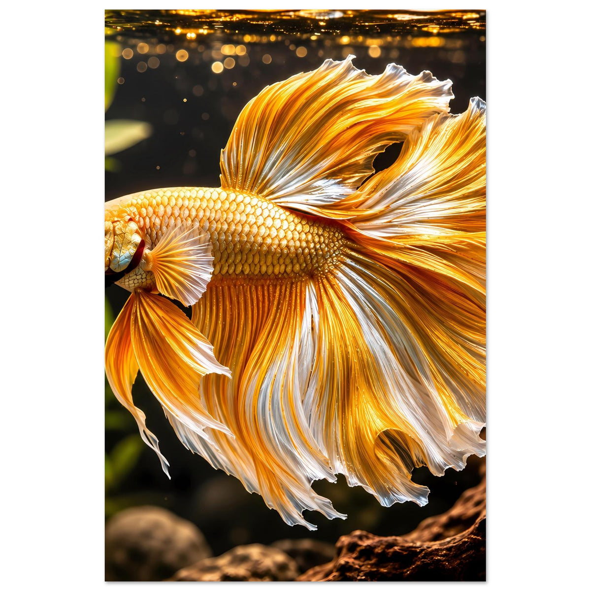 Poster mit goldfarbenem Betta-Kampffisch und gold-orangefarbenen, weißen Flossen