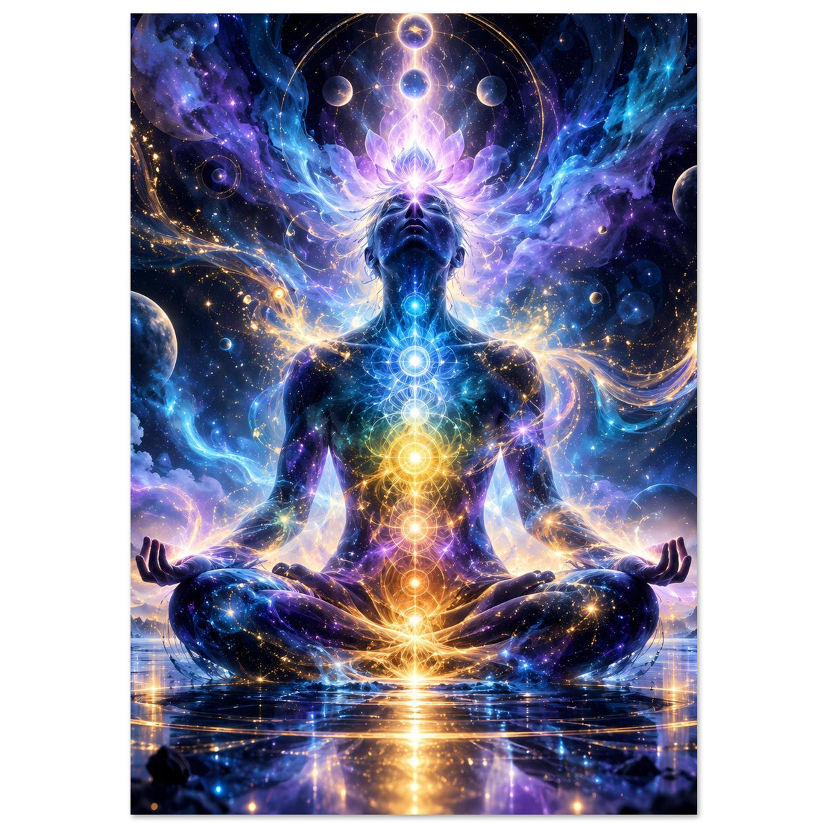 Spirituelles Poster im Hochformat: Meditationsfigur mit leuchtender Chakra-Säule im All