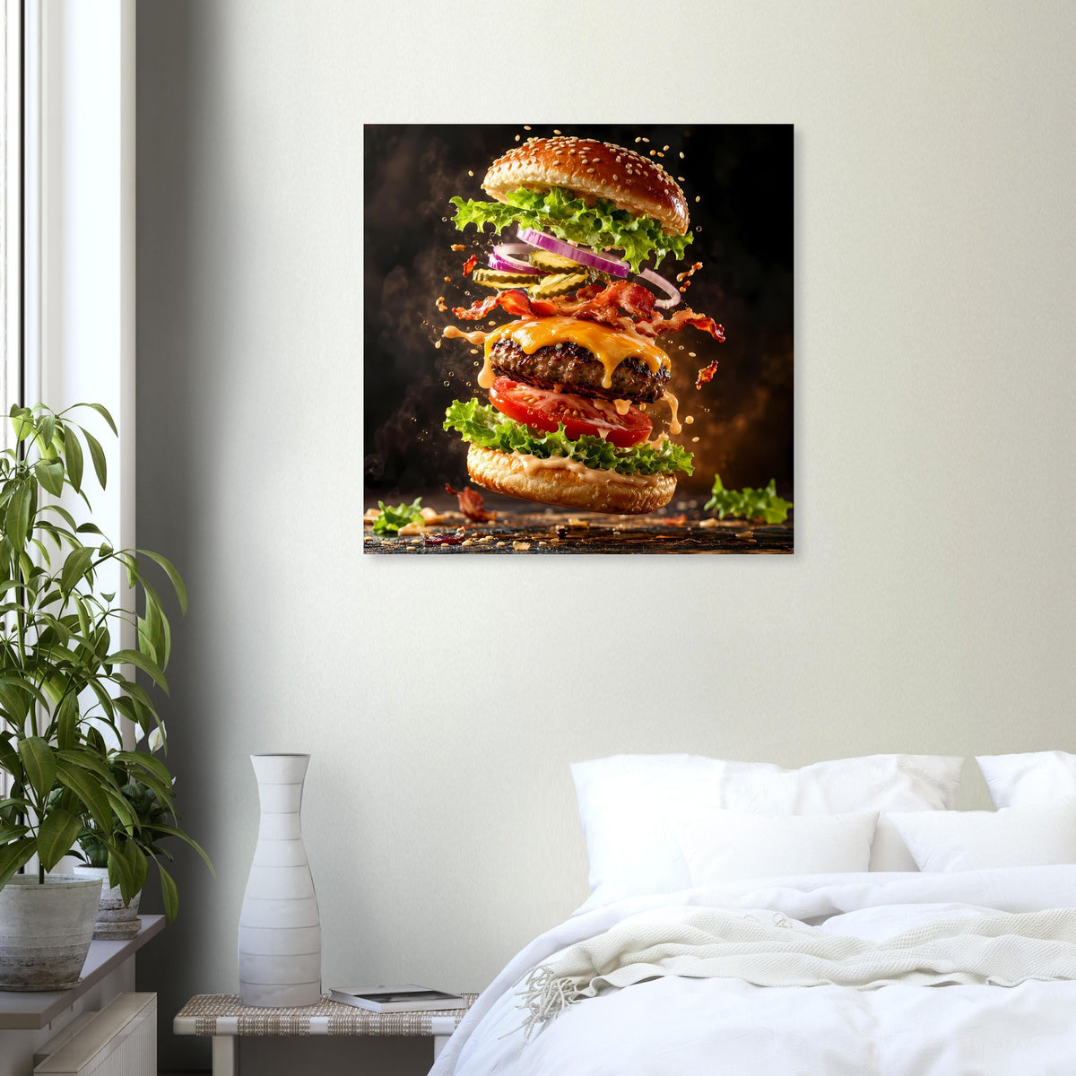 Quadratisches Poster mit Burgermotiv und bunten Zutaten auf dunklem Hintergrund