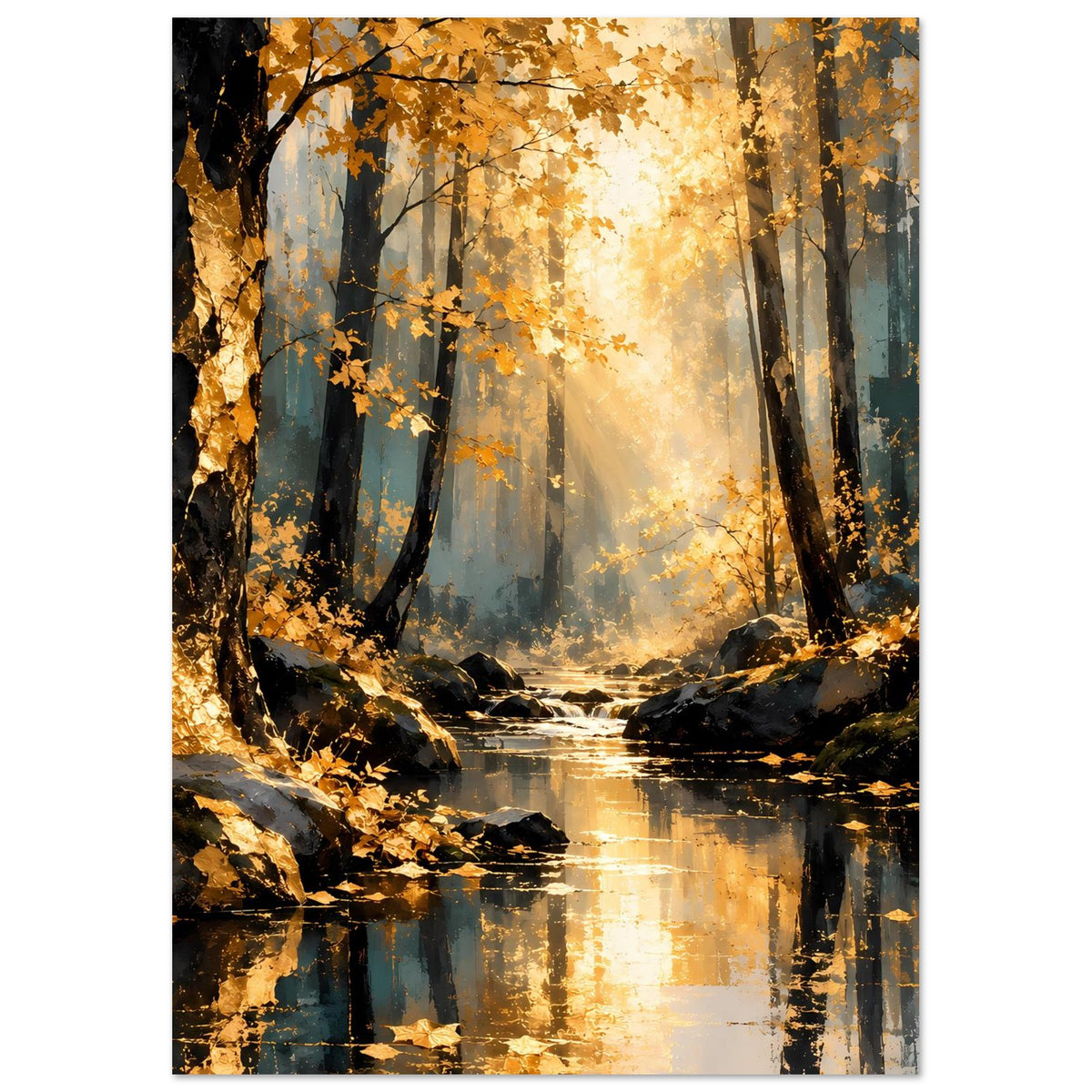 Poster mit gold-orange Herbstbäumen, Bach im Vordergrund und reflektierender Spur