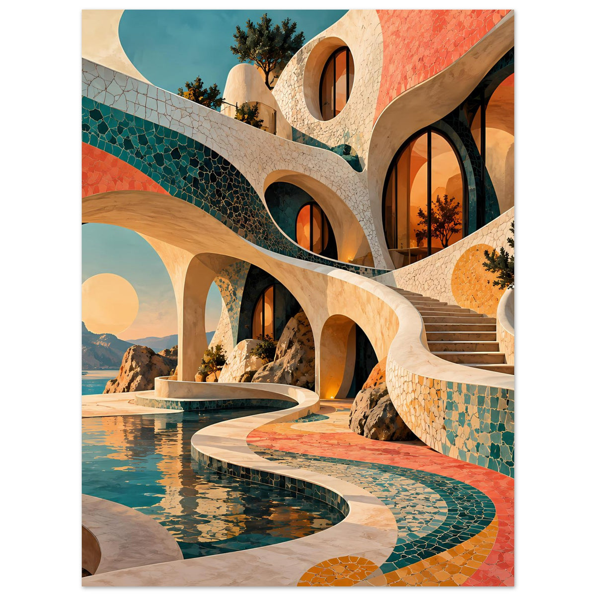 Kunstposter mit türkisgrünem Mosaikgewölbe und korallenfarbenen Bögen über Wasserbecken