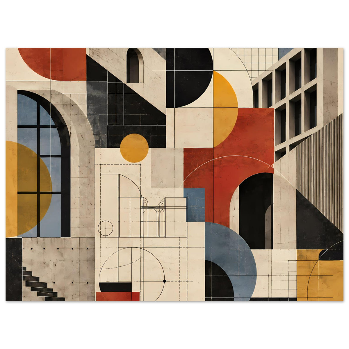 Kunstposter, Detailausschnitt mit Arkaden, Kurven und Rechteckraster in Terrakotta und Blau