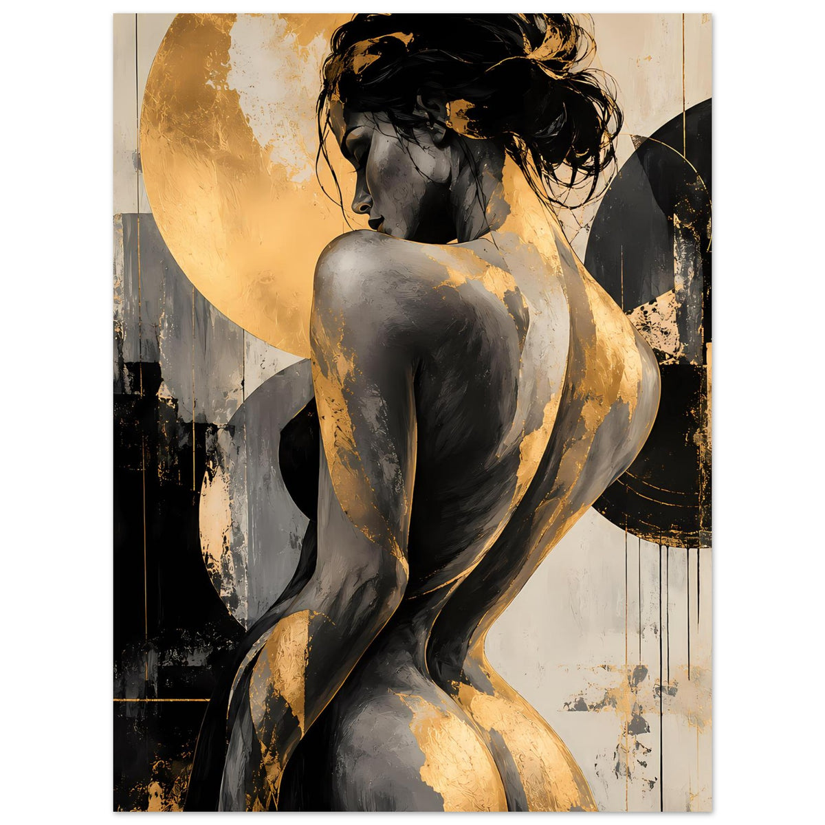 Abstraktes Poster mit Akt-Figur in Schwarz-Gold, Fokus auf Seitenprofil und erhobene Armhaltung