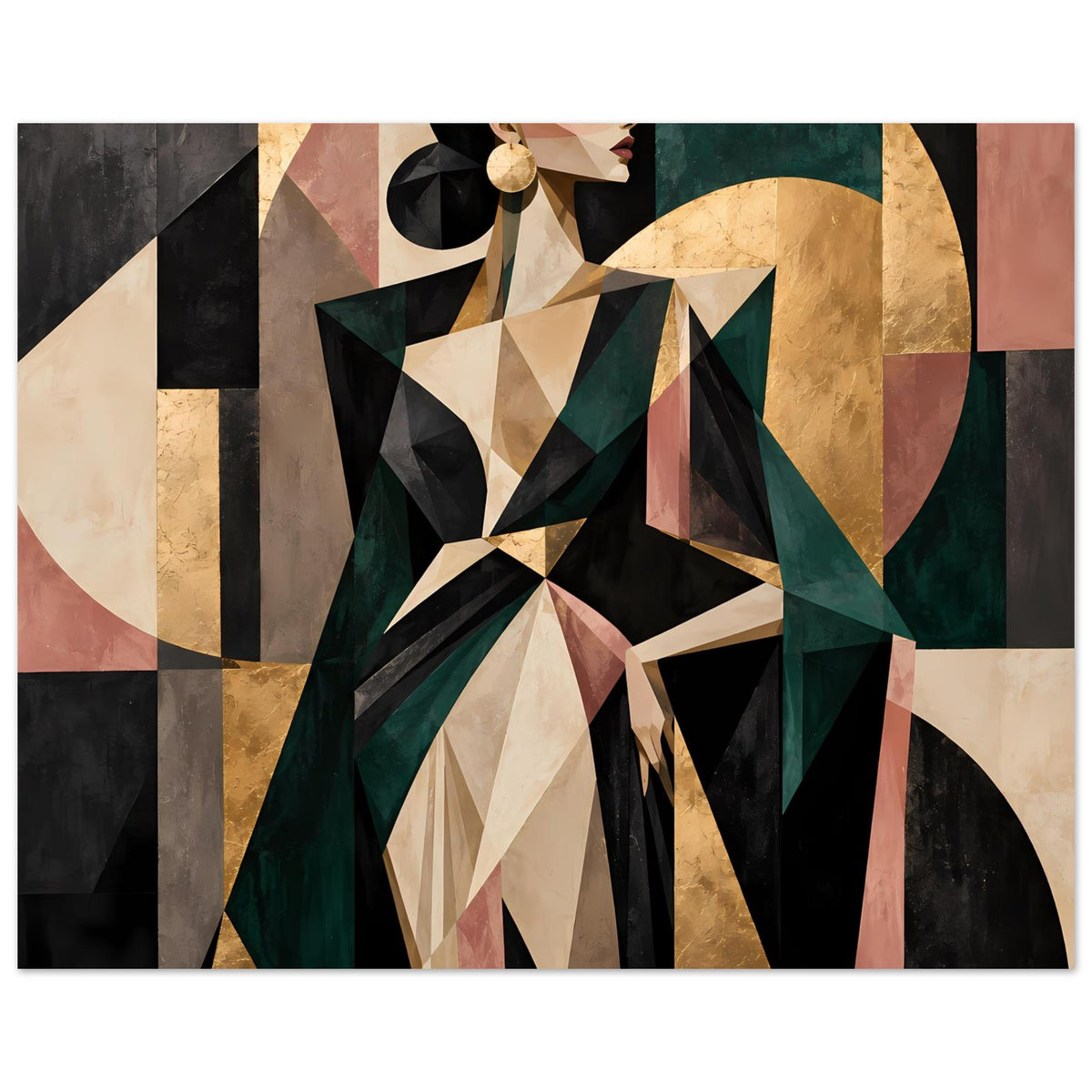 Abstraktes Poster mit geometrischen Formen in Olivgrün, Gold, Rosé und Schwarz