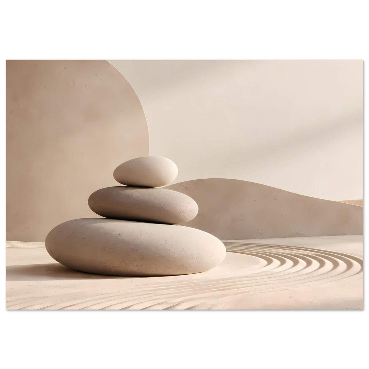 Minimalistischer Zen-Poster: gestapelte Steine auf sandiger Fläche, breite Schatten und Wellen.