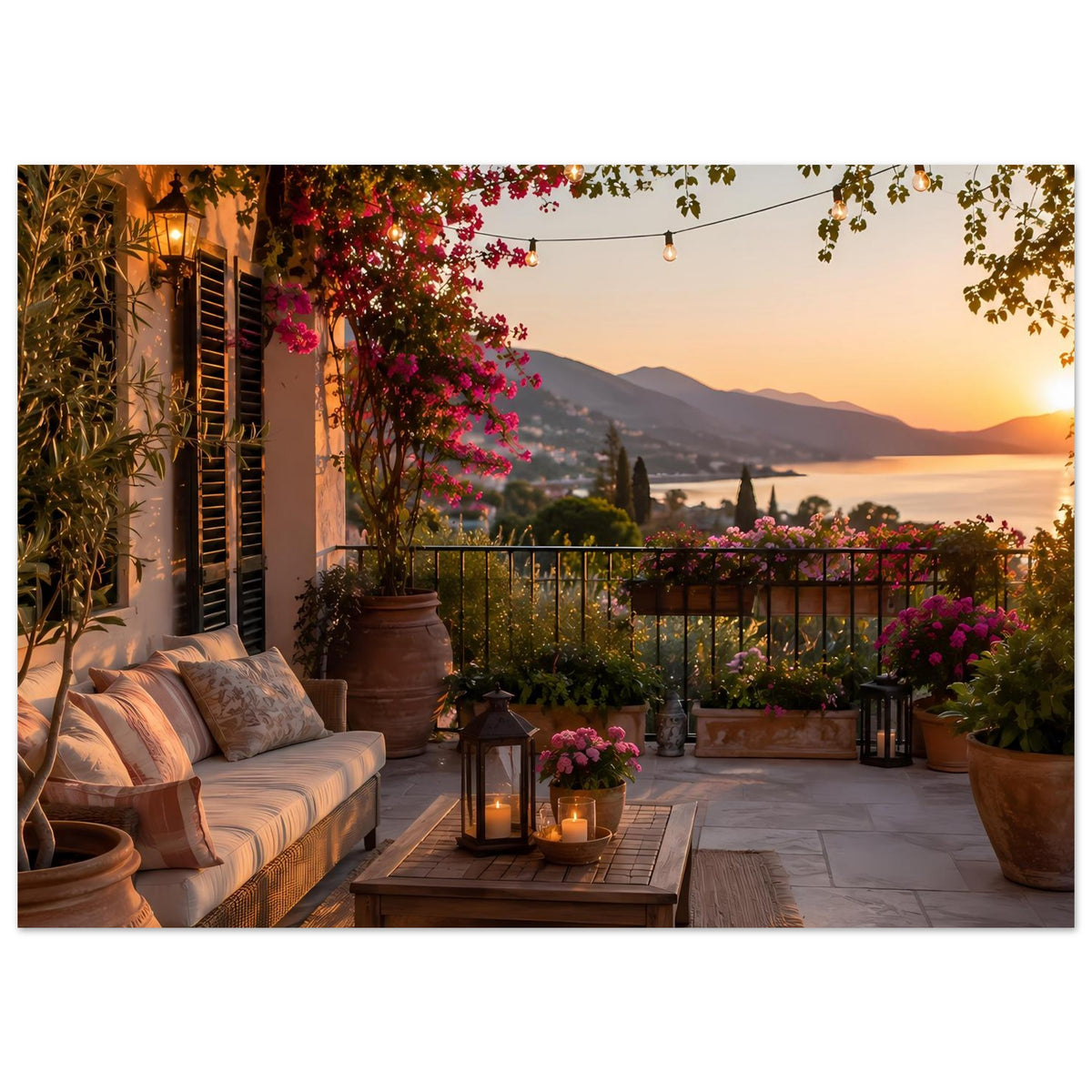 Wohnzimmerposter mit Terrasse bei Sonnenuntergang, blühenden Kübeln, Laterne und Bergblick
