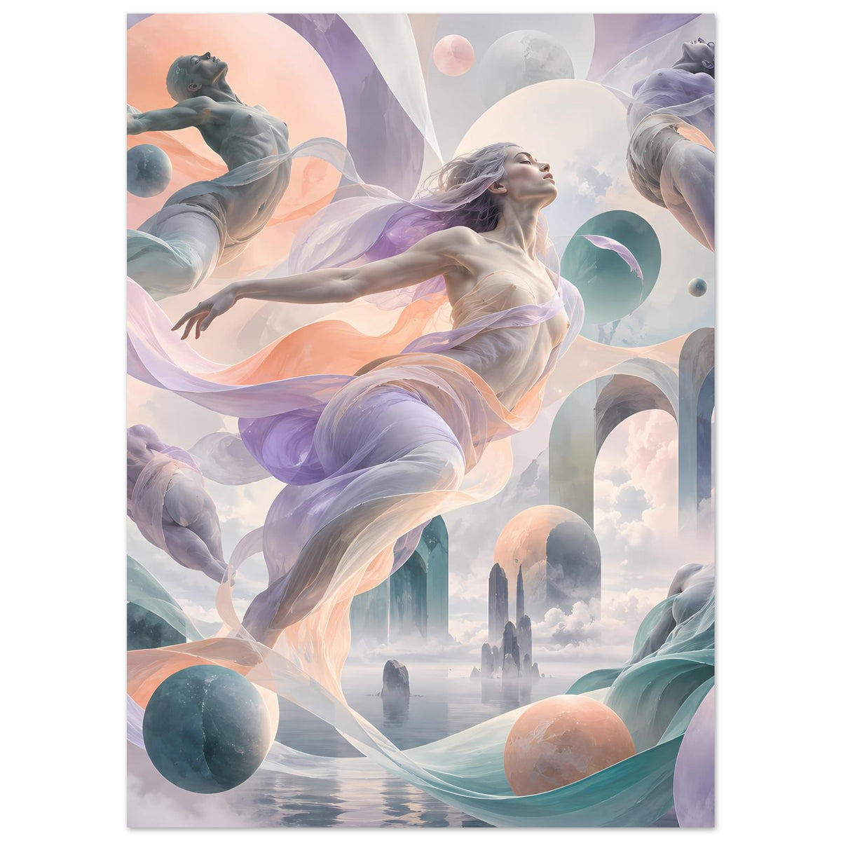 Hochkant-Poster mit mehreren schwebenden Figuren, violetten und türkisfarbenen Spiralen