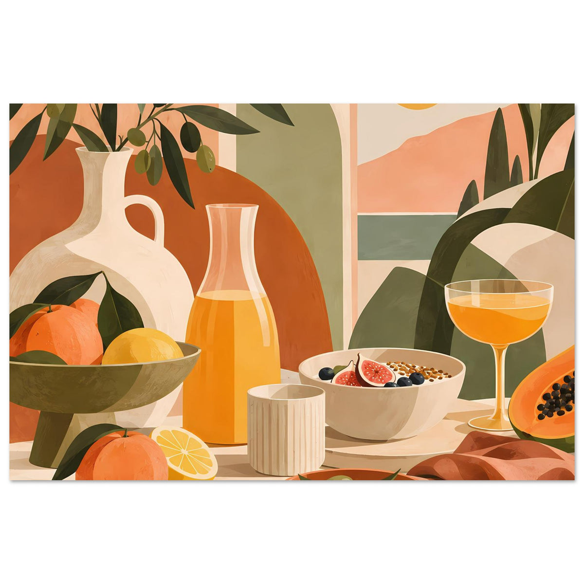 Still-Life-Poster mit Vase, Zitrusfrüchten, Oliven-Schale, Weinglas und grünen Blattzweigen
