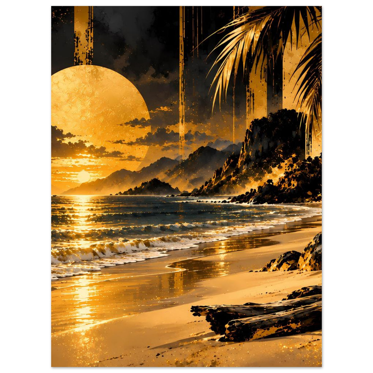 Poster mit Sonnenuntergang am Strand, goldener Himmel, Palme und Wellen im Meer