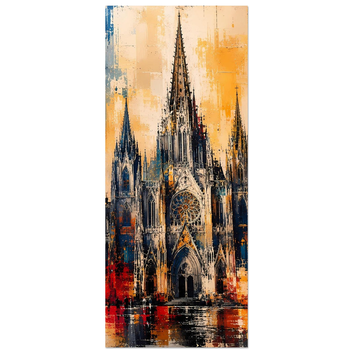 Gotisches Kathedralen-Poster im Hochformat, Fokus auf Turm und Eingangsbereich