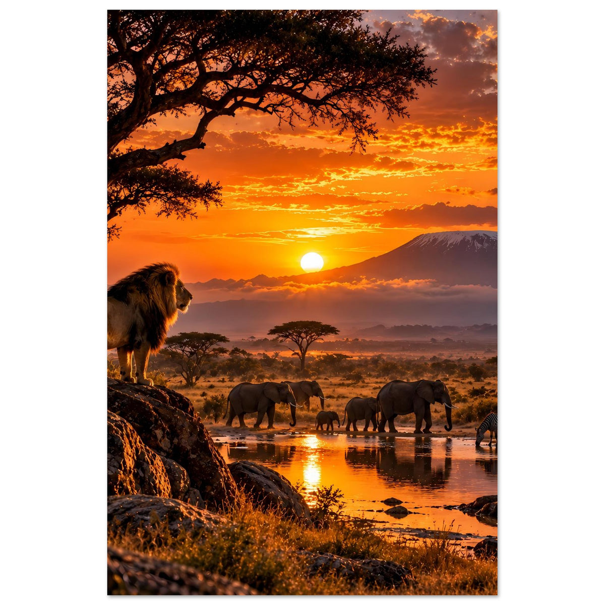 Safari-Poster im Hochformat, Nahansicht: Löwe am Felsen, Elefanten am Fluss bei Sonnenuntergang