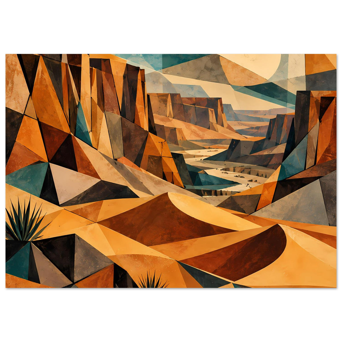 Poster mit geometrischer Wüstenlandschaft: Panoramaansicht, warme Erdtöne, Yucca unten